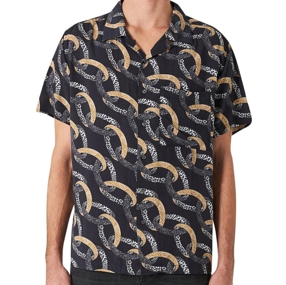 NEUW Chains Short Sleeve Camp Bowling Shirt Black Men's Size M